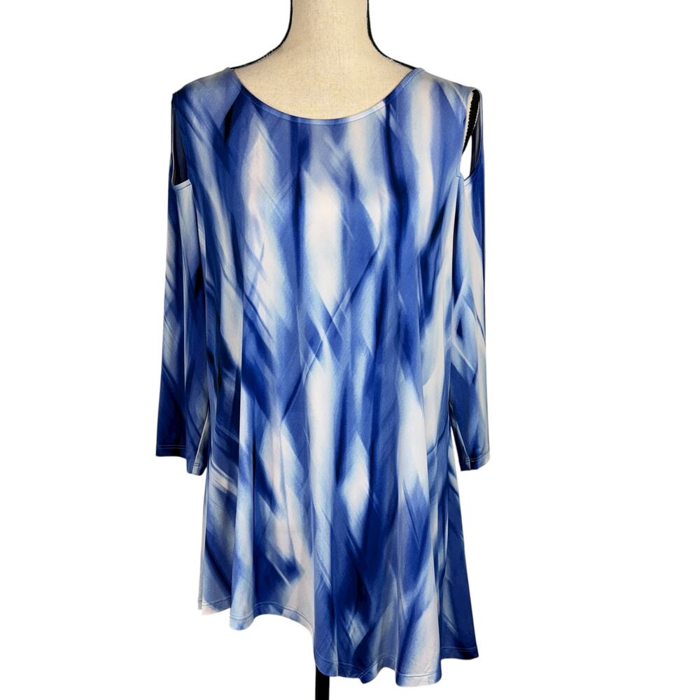 Nygard Large Top Abstract Lightweight Asymmetrical Cold-Shoulder 3/4 Sleeve Blue